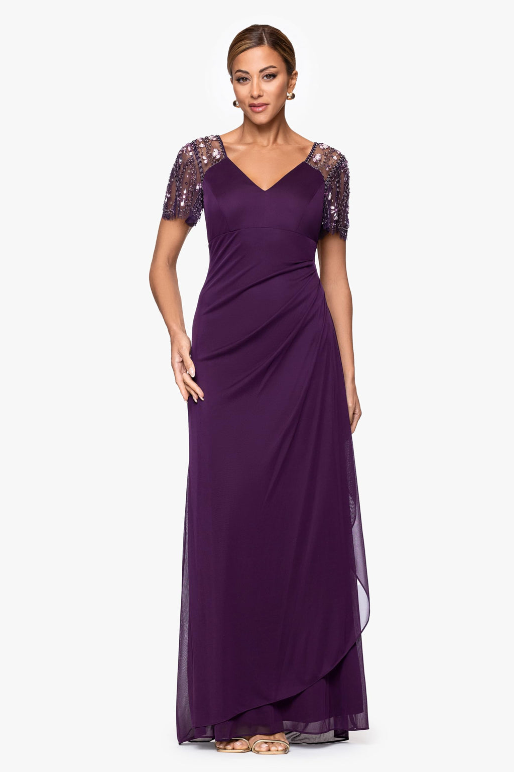 Xscape Floor Length Jersey Knit Evening Gown with V-Neckline, Beaded Flutter Sleeves and Ruched Draping