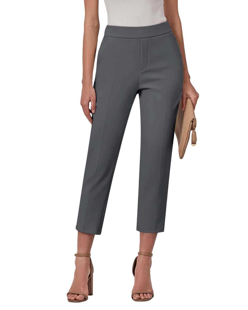 GRAPENT Capri Pants for Women High Waisted Pull On Dress Pants Slim Straight Leg Stretchy Waist Capris Trousers Pants