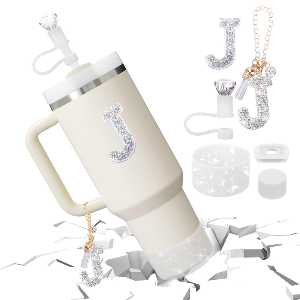 Mity rain Accessories Set for Stanley Cup, Initials Decorations for Tumbler Cup 30/40OZ, Including Diamond Straw Topper/Spill Proof Stopper/Sparkly Silicone Boot Set/Letter Charms for Handle A-Z (A-)