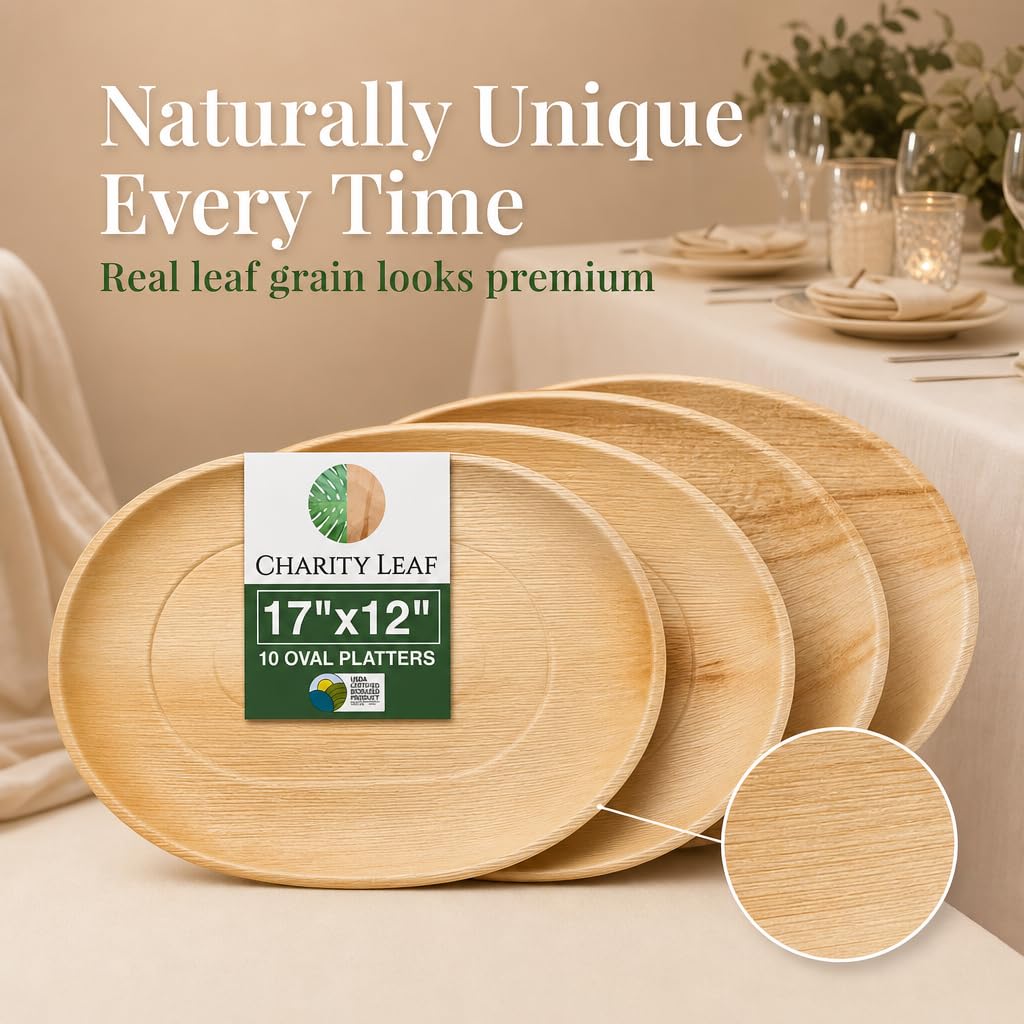 Charity Leaf Disposable Palm Leaf 17" x 12" Trays (10 pieces) Bamboo Like Serving Platters, Disposable Boards, Eco-Friendly Dinnerware For Weddings, Catering, Events