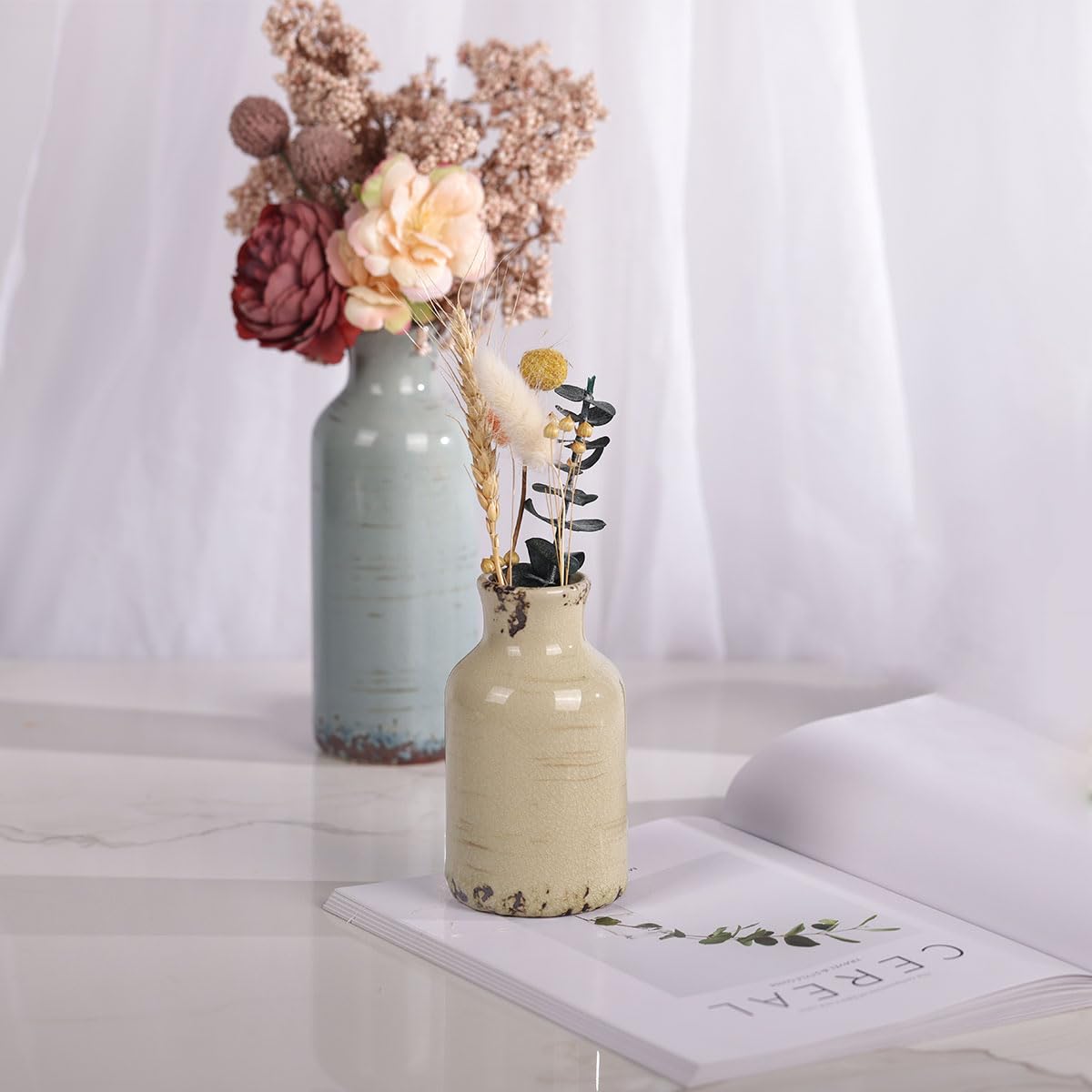 Ceramic Vase Set - 3 Ceramic Small Vases, Farmhouse Country Flower Vase Home Decor, Living Room Decoration, Table Decoration, Fireplace Decor, and Entrance Decorations Centerpieces