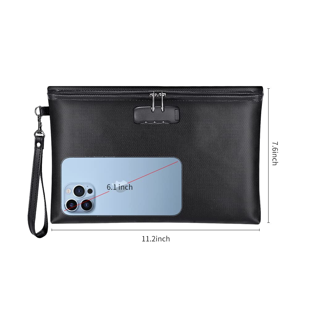 Fireproof Money Bag with Lock, 11.2"x7.6" Fireproof Cash Bag with Zipper Closure, Storage Pouch for A5 Size Document, Cheque, Cash, Cell Phone, Tablet, Credit Card, Passport, Jewelry (Black)