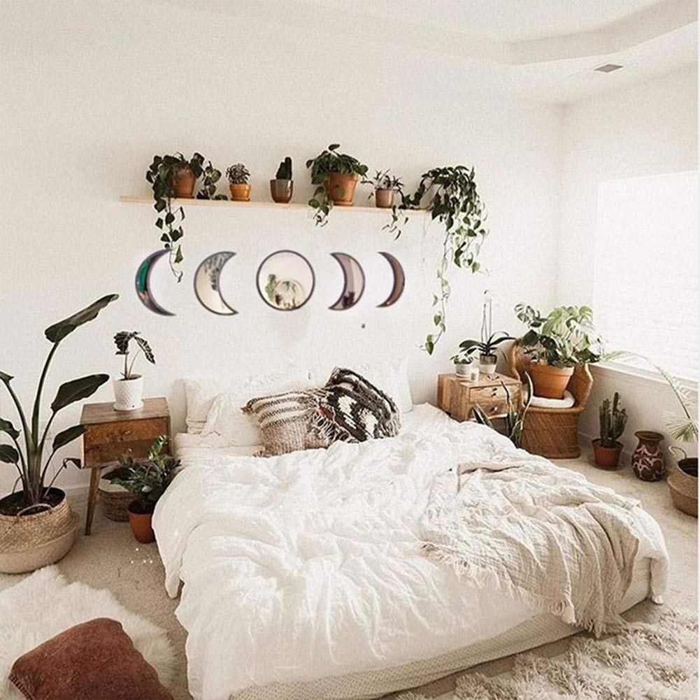 Scandinavian Decor 5-Piece Acrylic Wall Decor - Wooden Moon Phase Mirror, Bohemian Design for Living Room, Bedroom - Beige