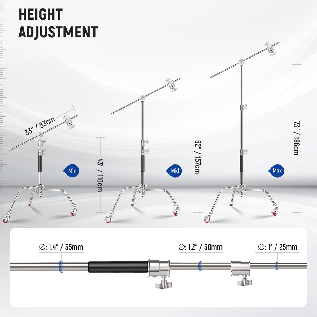 NEEWER Pro 100% Stainless Steel Heavy Duty C Stand with Boom Arm, Max Height 68"/172cm Photography Light Stand with 2.7ft/83cm Holding Arm, 2 Grip Head for Studio Monolight, Softbox, Reflector, SC172