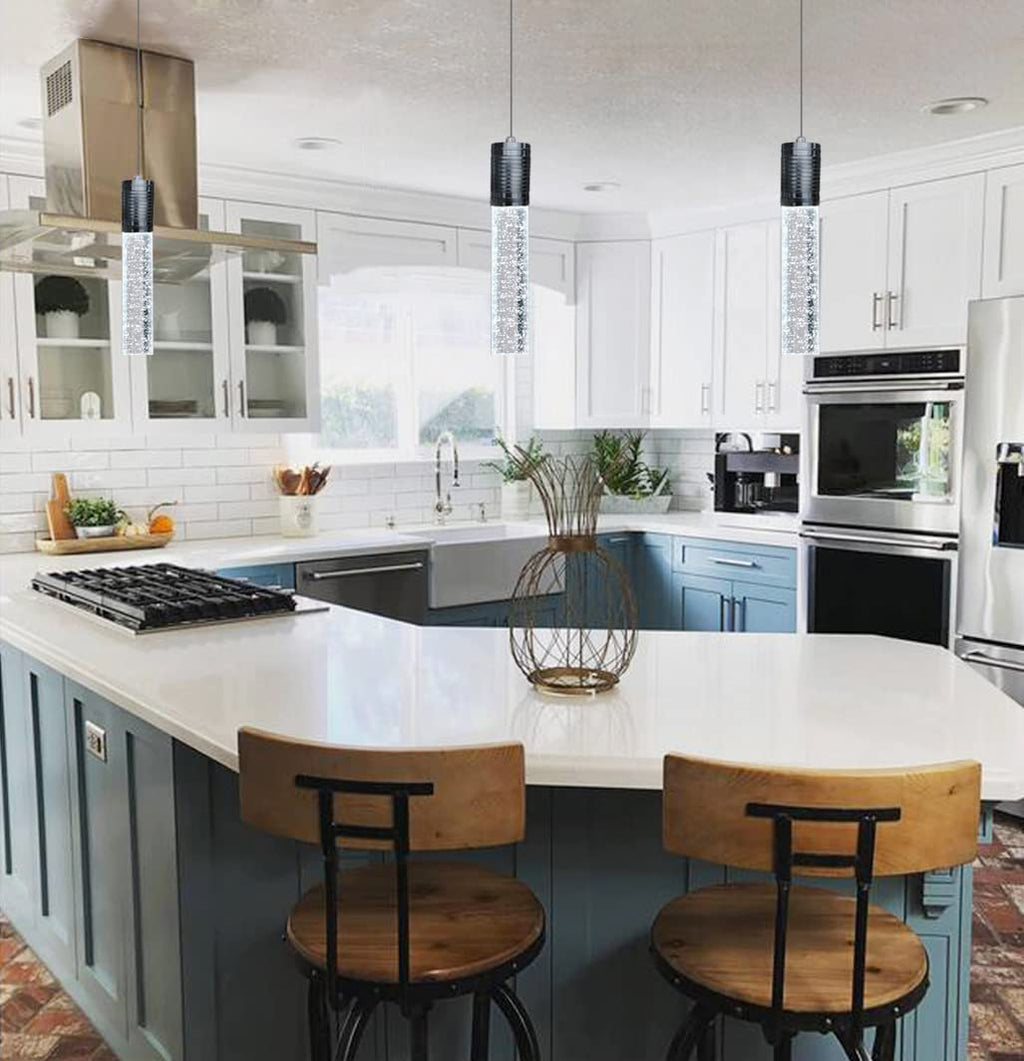 HAIXIANG Modern Kitchen Island Hanging Light Fixtures Crytstal Pendant Lighting for Kitchen Island Chrome Mini Chandelier with 6000K Daylight Bulb