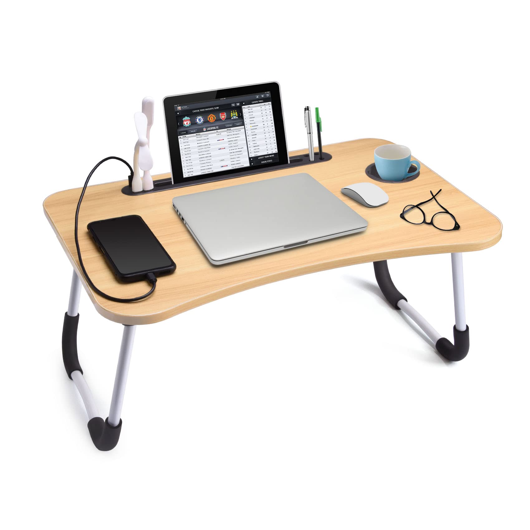 Slendor Lap Desk with Cup Holder, Foldable Laptop Table for Bed, Portable Bed Desk for Laptop and Writing, Computer Tray with Tablet Slot, Notebook Stand Reading Holder for Couch Sofa Floor,Black