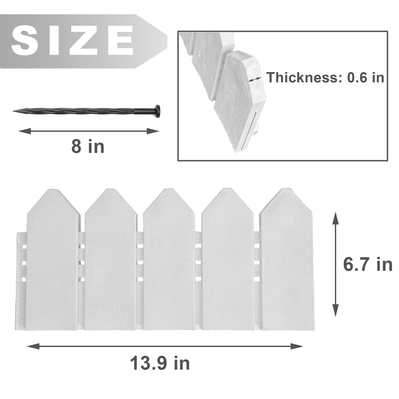 Garden Edging Border Kit 6.7 in Tall Decorative Double-Sided Wood-Look Fence Garden Border, Flower Bed Edging with 20 Anchoring Spikes, 9.3 Foot Kit (White)