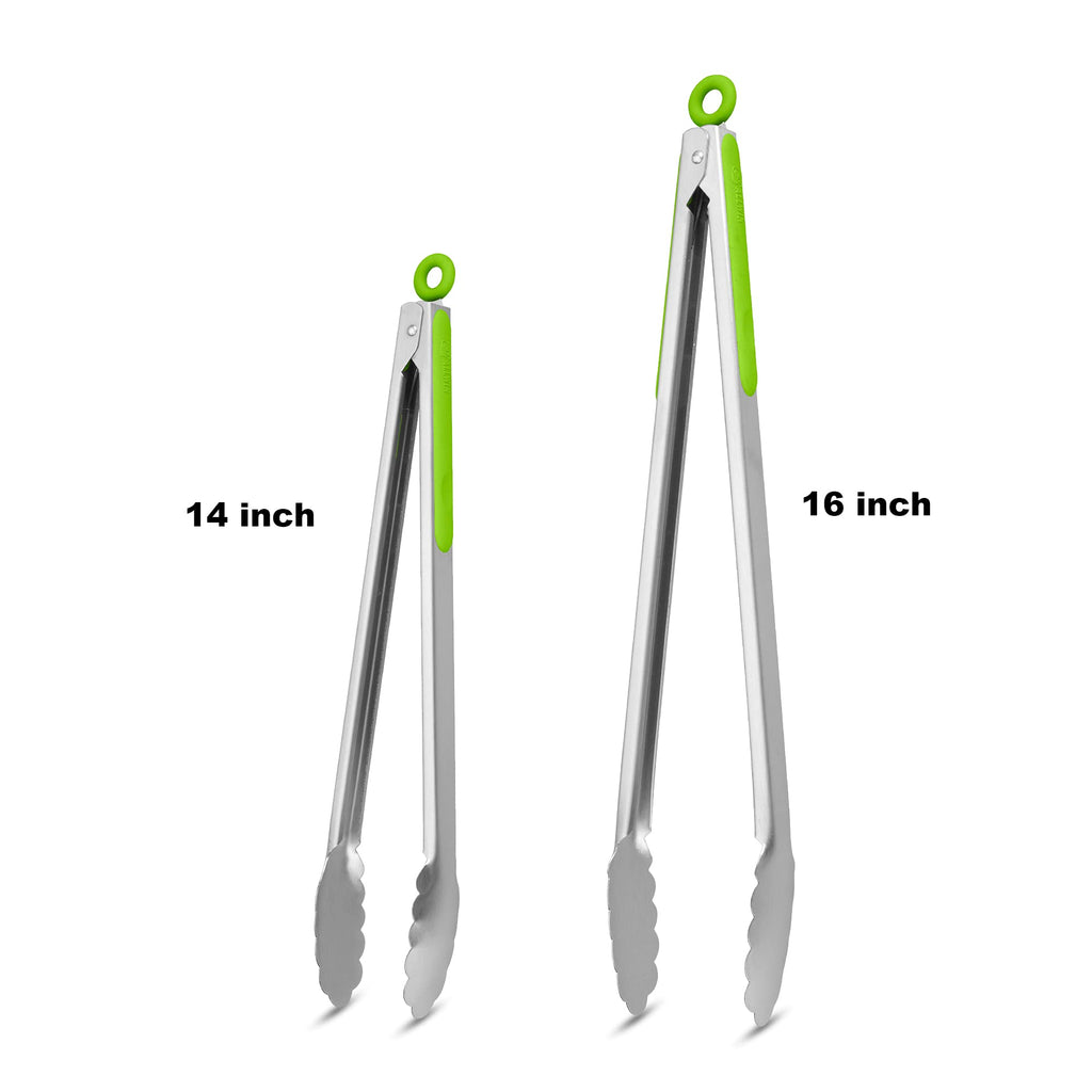 304 Stainless Steel Kitchen Cooking Tongs, 9" and 12" Set of 2 Sturdy Grilling Barbeque Brushed Locking Food Tongs with Ergonomic Grip, Black
