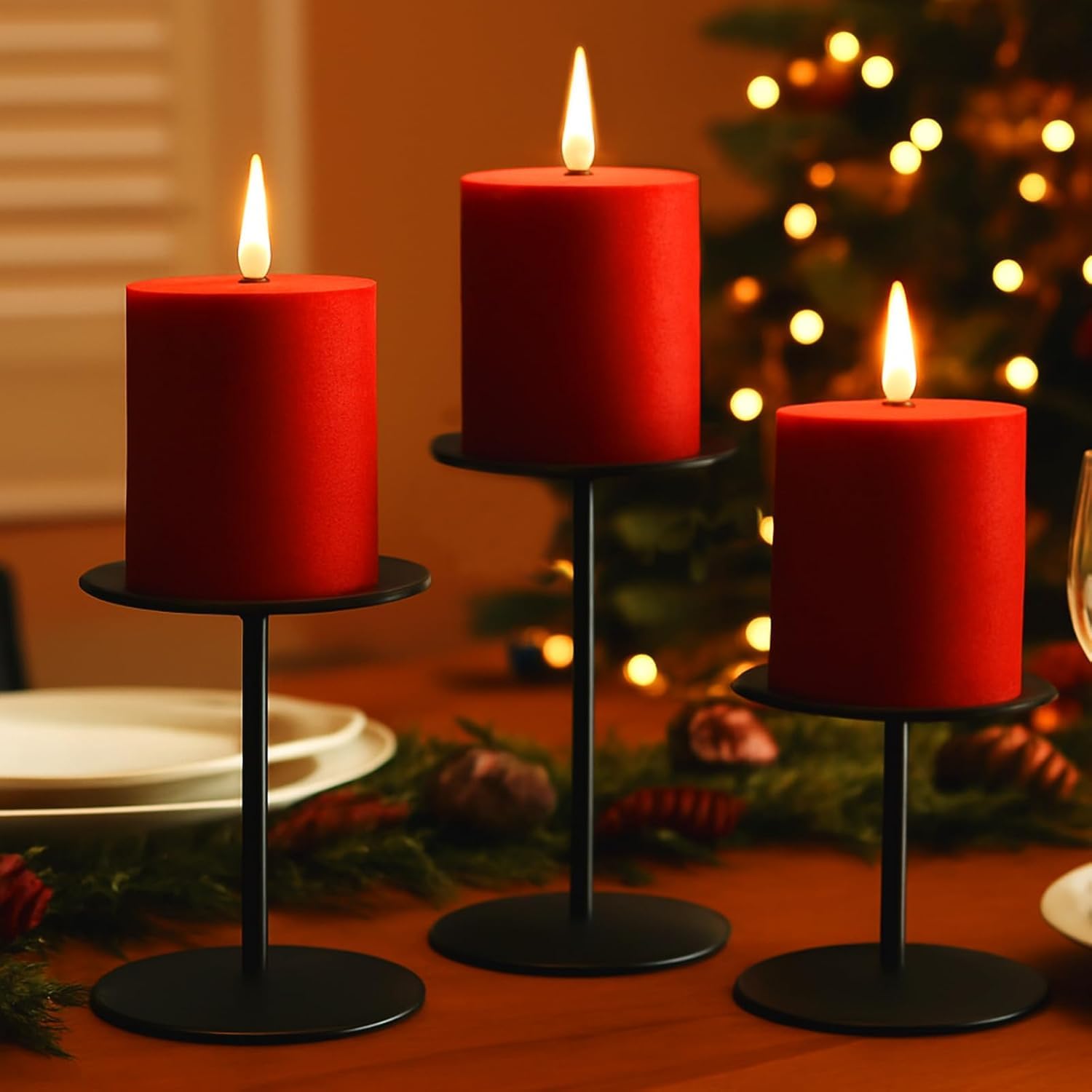 smtyle Modern Black Candle Stand Candelabras, Set of 3 Metal Candleholder Sets for Pillar Candles, Minimalist Farmhouse Decor for Fireplace Mantel & Dining Table Centerpiece