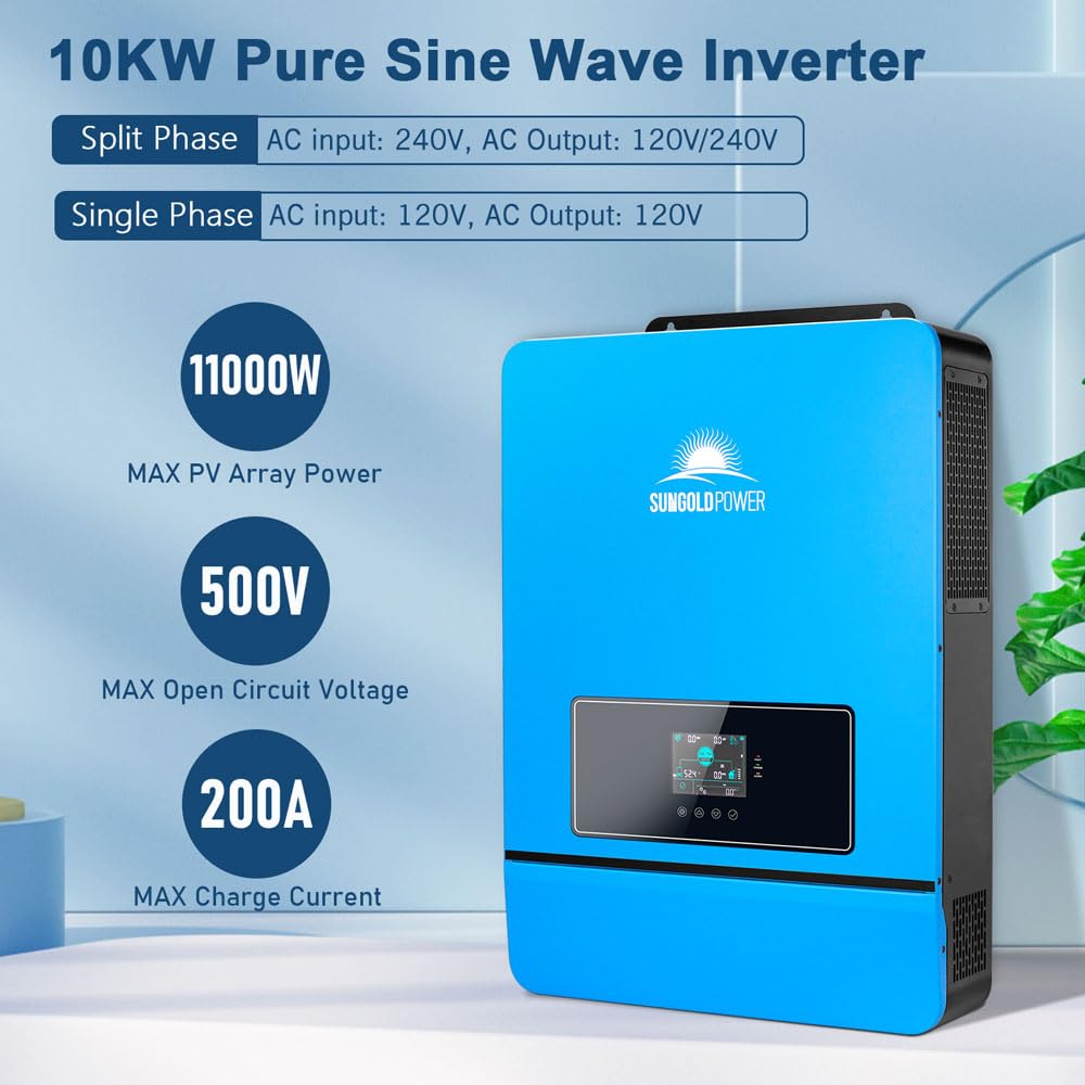 SUNGOLDPOWER 10000W DC 48V UL1741 Solar Inverter,Split Phase,Built-in 2 MPPT Solar Controllers,Max. 200A Battery Charging,AC Input/Output 120V/240V(settable) Inverter Charger(Support Parallel & COMM)