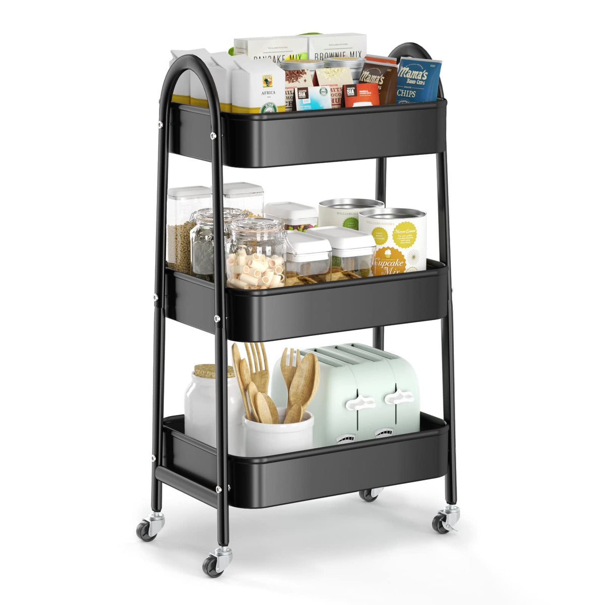 EAGMAK 3 Tier Rolling Cart, Large Metal Storage Cart with Handle and Lockable Wheels, Big Multifunctional Storage Organizer Trolley with Mesh Baskets for Kitchen, Living Room, Office, Garage (Beige)