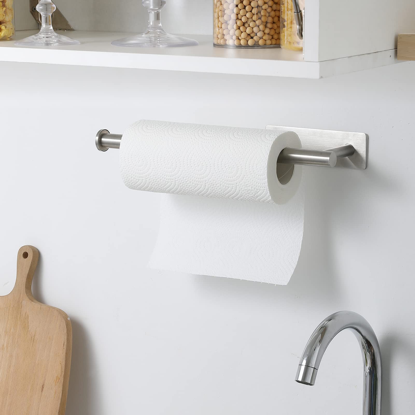 theaoo Paper Towel Holder - Under Cabinet Paper Towel Holder for Kitchen, Adhesive Paper Towel Roll Rack for Bathroom Towel, Wall Mounted Matte Black Paper Towel Rack, SUS304 Stainless Steel(1, Black)