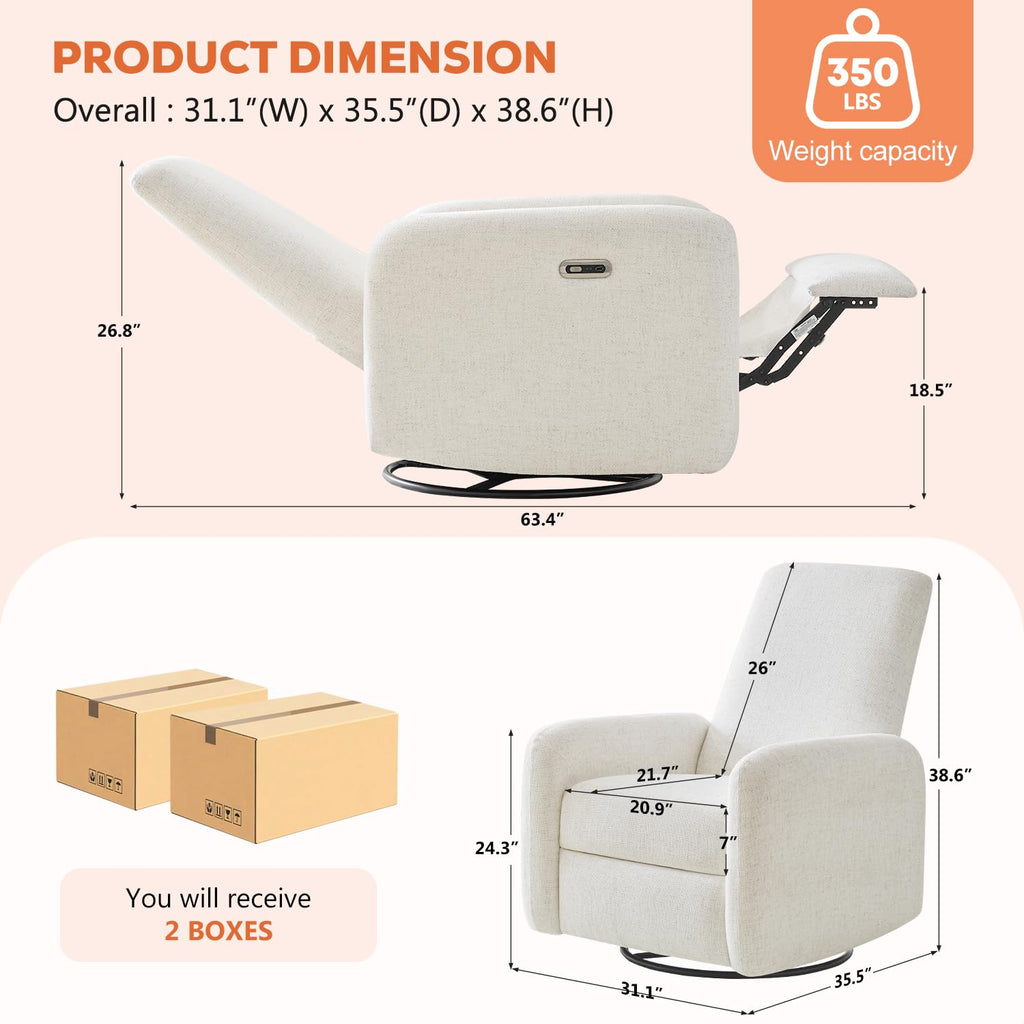 Power Recliner Chair, Swivel Rocker Recliner w/USB & Type-C Charging Ports, Chenille Upholstered Swivel Rocker Glider Recliner for Nursery,Living Room, Bedroom, 1PC, Cream