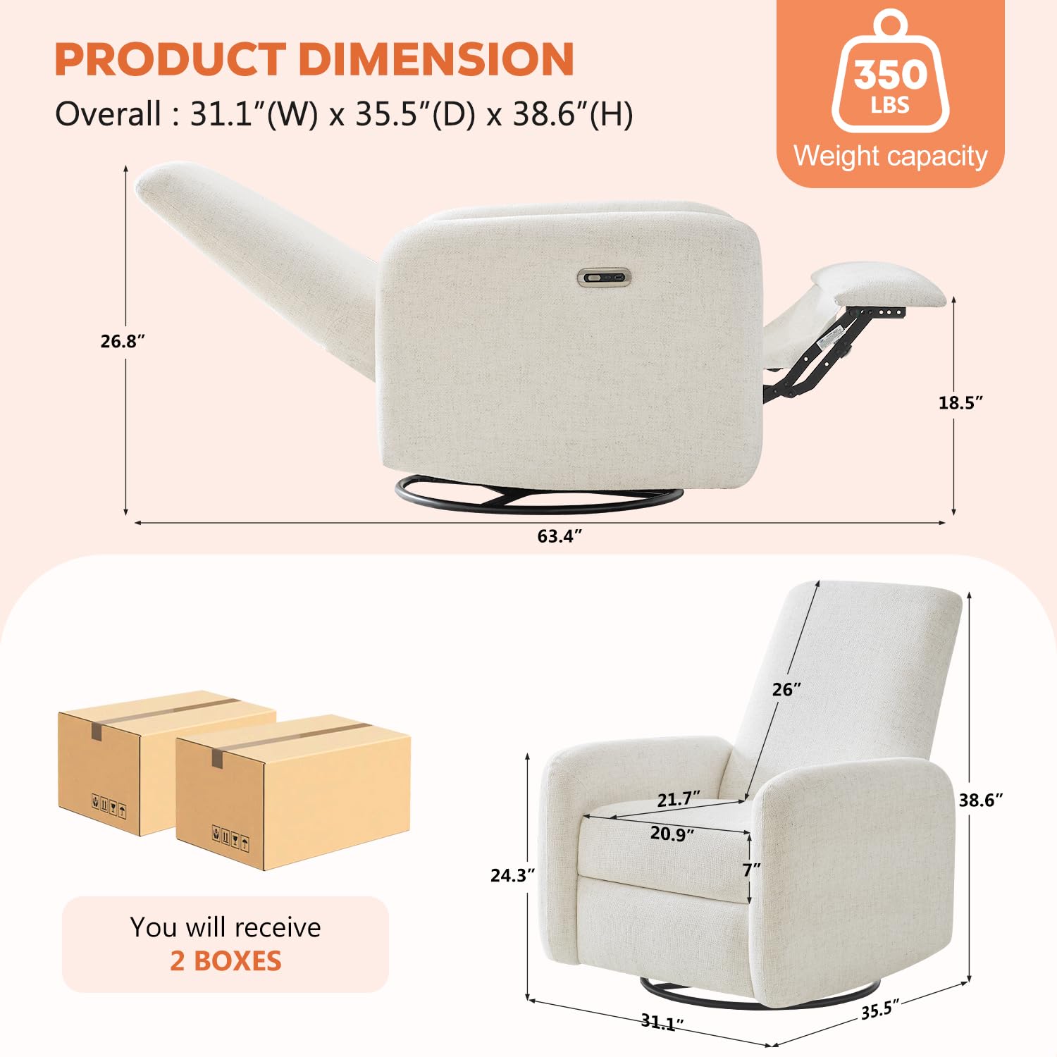 Power Recliner Chair, Swivel Rocker Recliner w/USB & Type-C Charging Ports, Chenille Upholstered Swivel Rocker Glider Recliner for Nursery,Living Room, Bedroom, 1PC, Cream