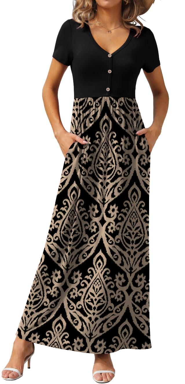 GRECERELLE Womens Summer Long Maxi Dresses 2026 Short Sleeve V Neck Casual Button Dress with Pockets