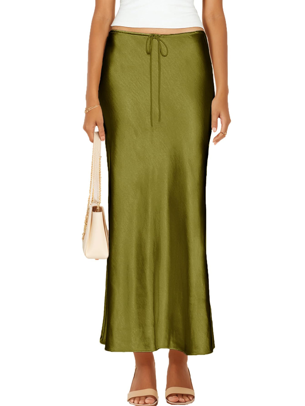 Womens Satin Silk Maxi Skirts Drawstring Flared Casual A-Line Long Skirt for Women