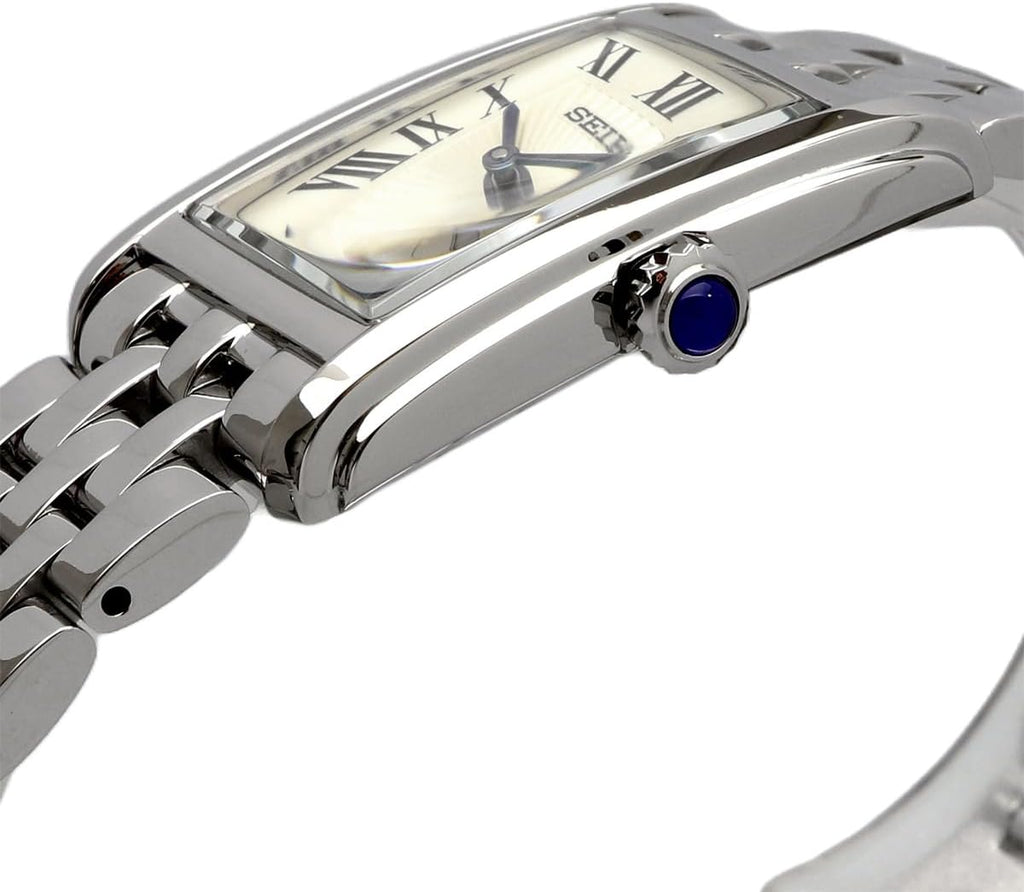 Seiko SWR083 Rectangular Watch - Essentials Collection - Roman Numeral Dial, Blue Hands, Stainless Steel Bracelet, and 50m Water Resistance