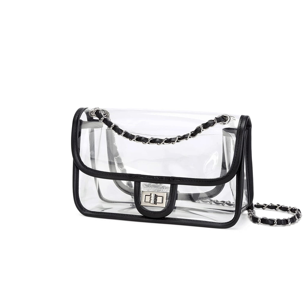 Womens PVC Clear Purse Handbag with Chain Stadium Approved Clear Bag See Through Bag for Working and Concert