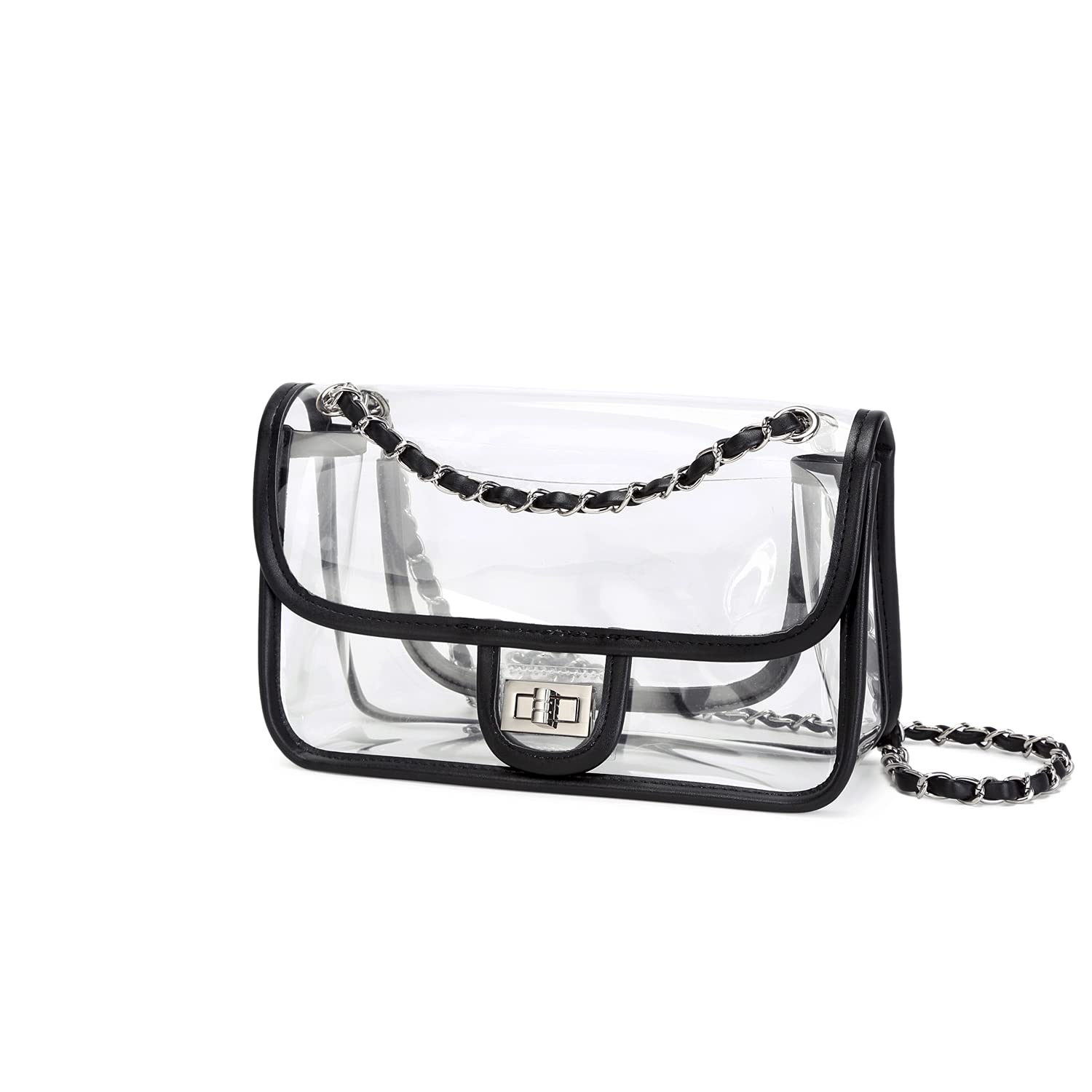 Womens PVC Clear Purse Handbag with Chain Stadium Approved Clear Bag See Through Bag for Working and Concert