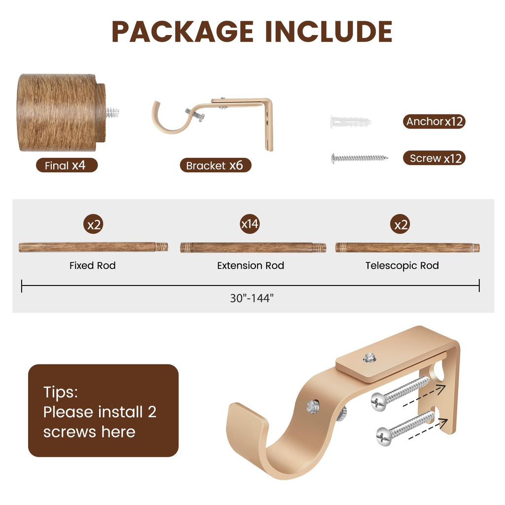 1” Diameter brown curtain rod Itself is 30 to 60 inch. 1 Pack Fits 30-54 inch Windows with Heavy Duty Adjustable brown curtain rods Splicing Metal Extra Long Curtain Rod