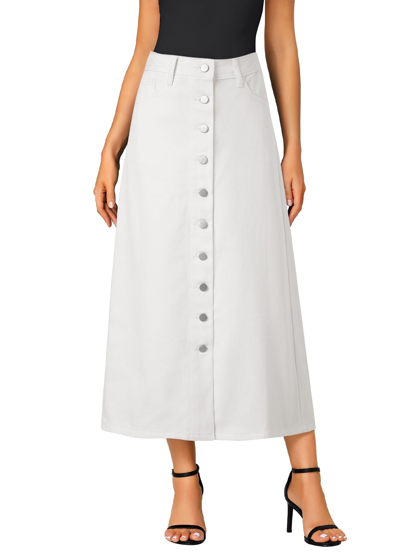 Vrtige Women's Casual Button Down High Waisted A Line Jean Midi Long Denim Skirt with Pockets