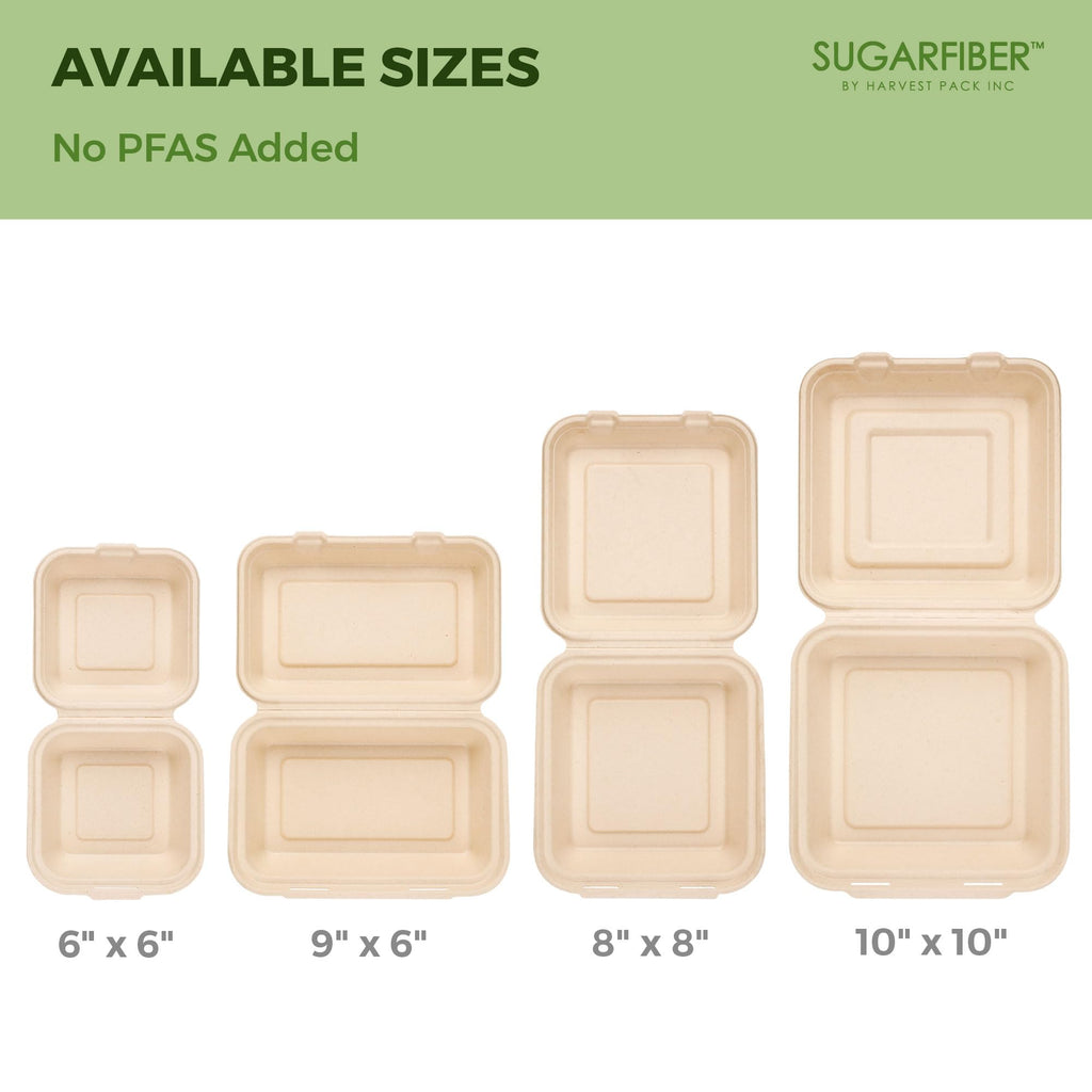 [50 COUNT]Harvest Pack 6 X 6" Compostable Clamshell Take Out Food Containers, PFAS FREE Square To go Containers with Lids, Heavy-Duty Disposable Bagasse Bento Cake Box, Eco-Friendly Sugarcane Fibers
