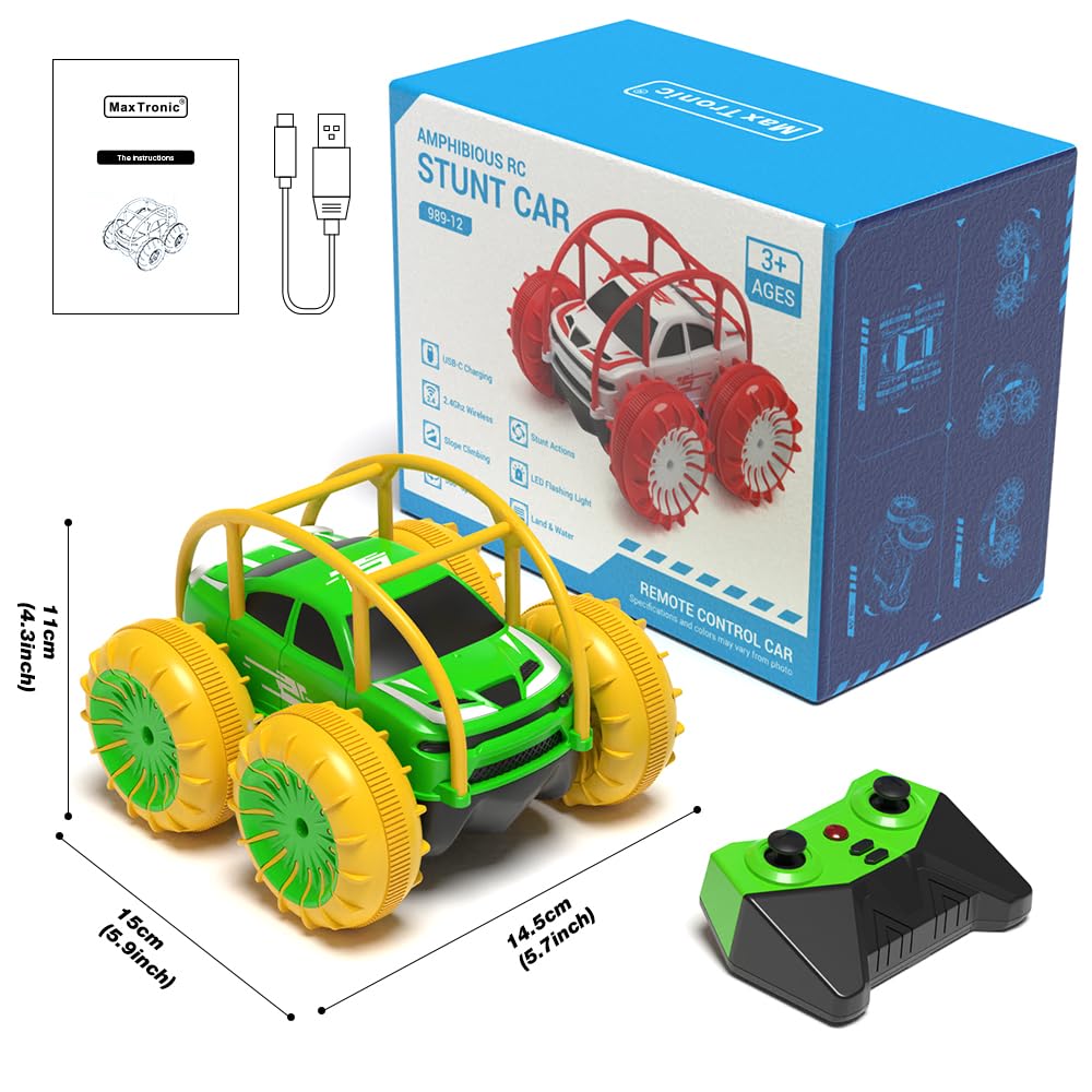 MaxTronic Amphibious Remote Control Car,Rechargeable RC Cars Toy 360° Flips Rotation Stunt Crawler 15KM/H 4WD All Terrain Outdoor Indoor Toy for Kids Boys Girls 3-12