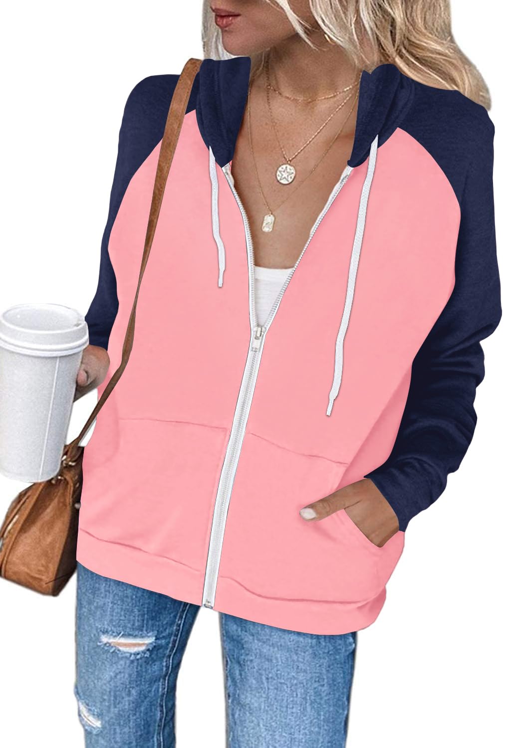 EZBELLE Women's Color Block Zip Up Hoodie Sweatshirt Casual Long Sleeve Jacket Sweater with Pockets