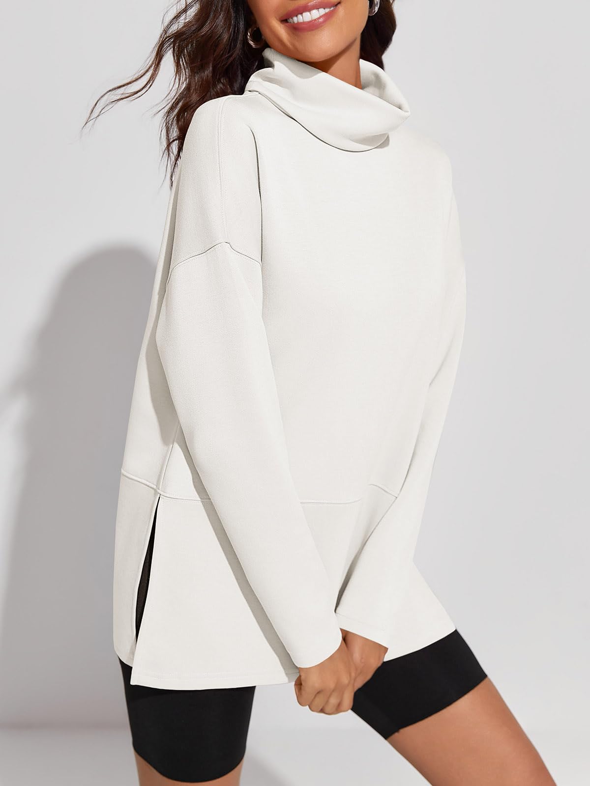 Fisoew Women's Turtleneck Oversized Sweatshirt Casual Long Sleeve Loose Side Slit Pullovers Tunic Tops