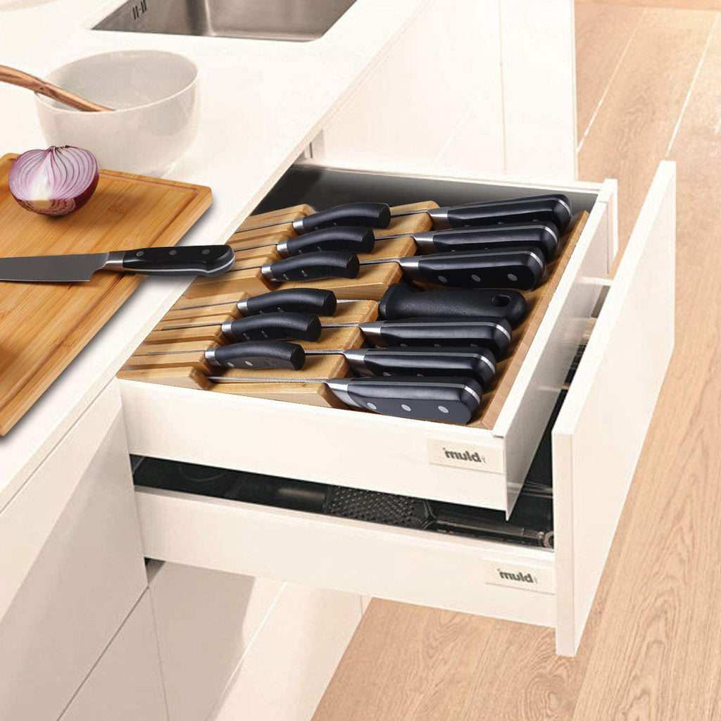 NIUXX Bamboo In-Drawer Knife Block Set for 9 Knives(Not Included), Large Kitchen Detachable Washable Cutlery Slot Organizer Storage Holder for Sharpening Steel and Cutter
