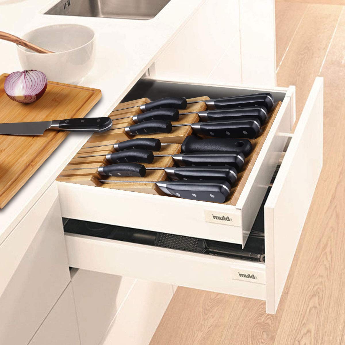 NIUXX Bamboo In-Drawer Knife Block Set for 9 Knives(Not Included), Large Kitchen Detachable Washable Cutlery Slot Organizer Storage Holder for Sharpening Steel and Cutter