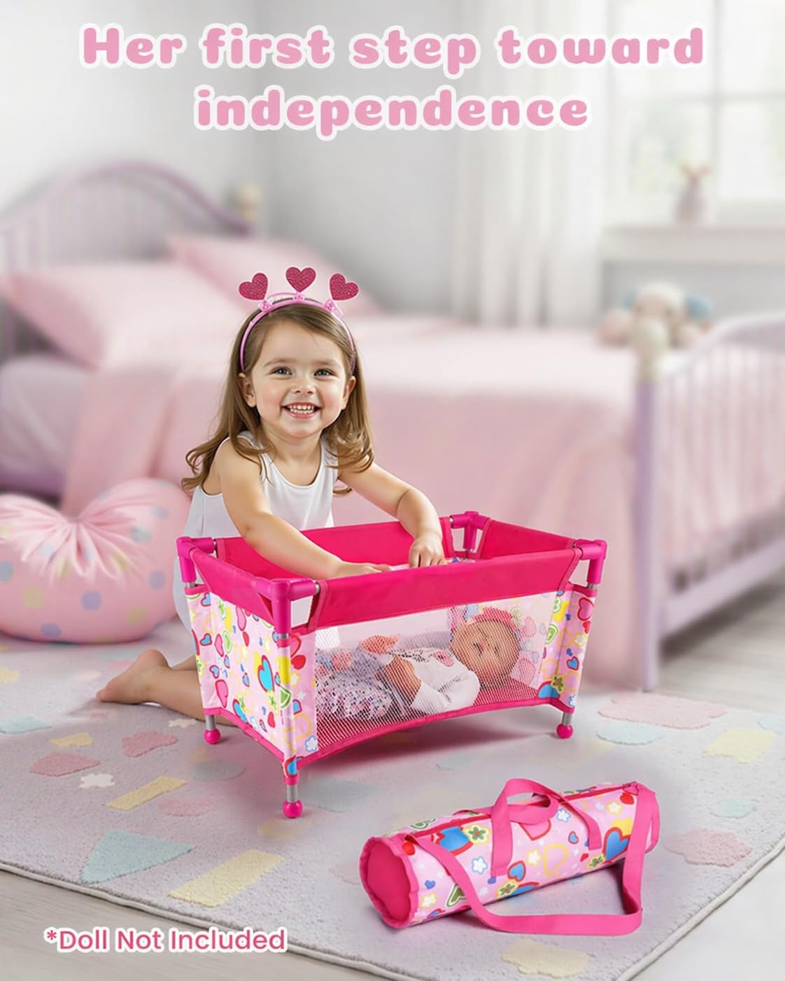 BABESIDE Baby Doll Crib Set for 18 Inch Dolls, Baby Doll Bed Playpen Toy Crib with Storage Bag for Reborn Baby Doll Accessories