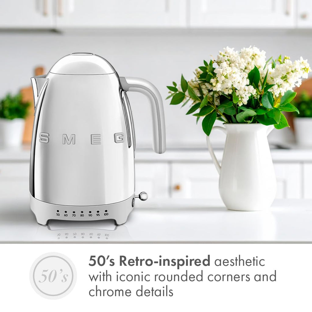SMEG Variable Temperature Electric Kettle 1.7L (7 Cup), Stainless Steel Tea & Coffee Kettle, Fast Boil, Adjustable Temp 122°F–212°F, Keep Warm, Auto Shut-Off, 360° Base, Retro Style-Black