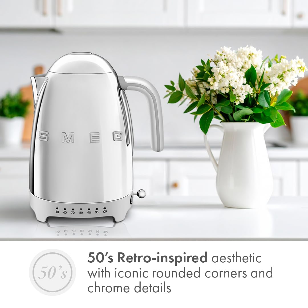 SMEG Variable Temperature Electric Kettle 1.7L (7 Cup), Stainless Steel Tea & Coffee Kettle, Fast Boil, Adjustable Temp 122°F–212°F, Keep Warm, Auto Shut-Off, 360° Base, Retro Style-Black