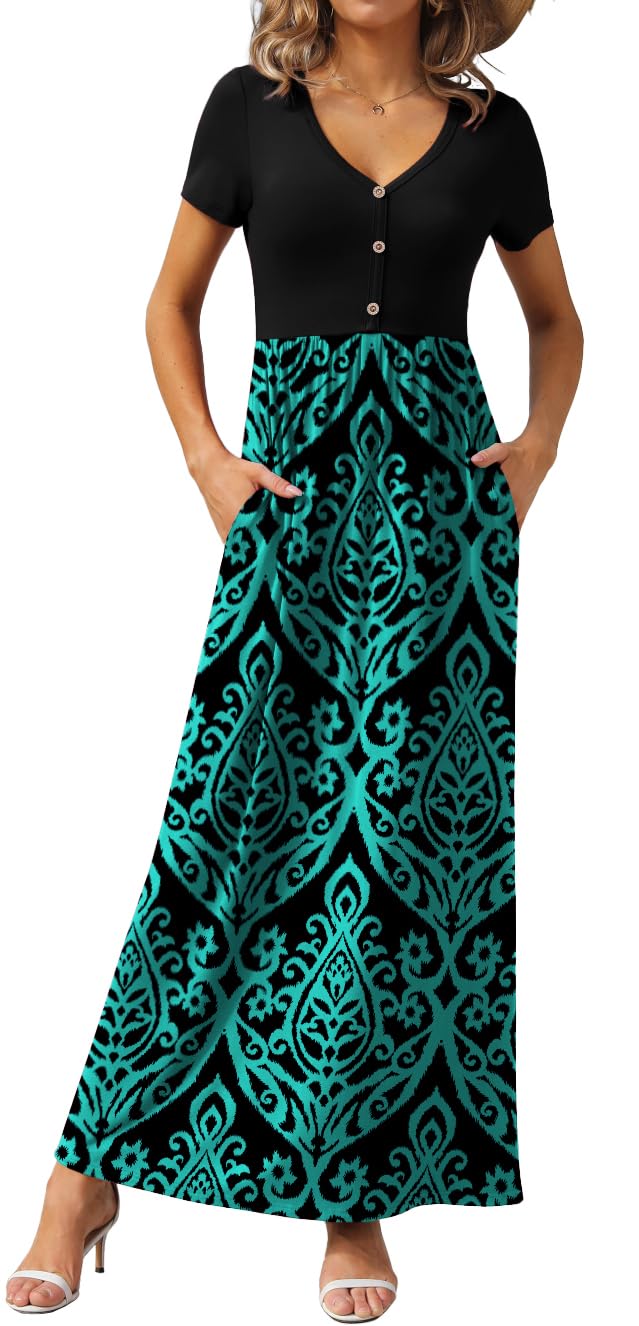 GRECERELLE Womens Summer Long Maxi Dresses 2026 Short Sleeve V Neck Casual Button Dress with Pockets