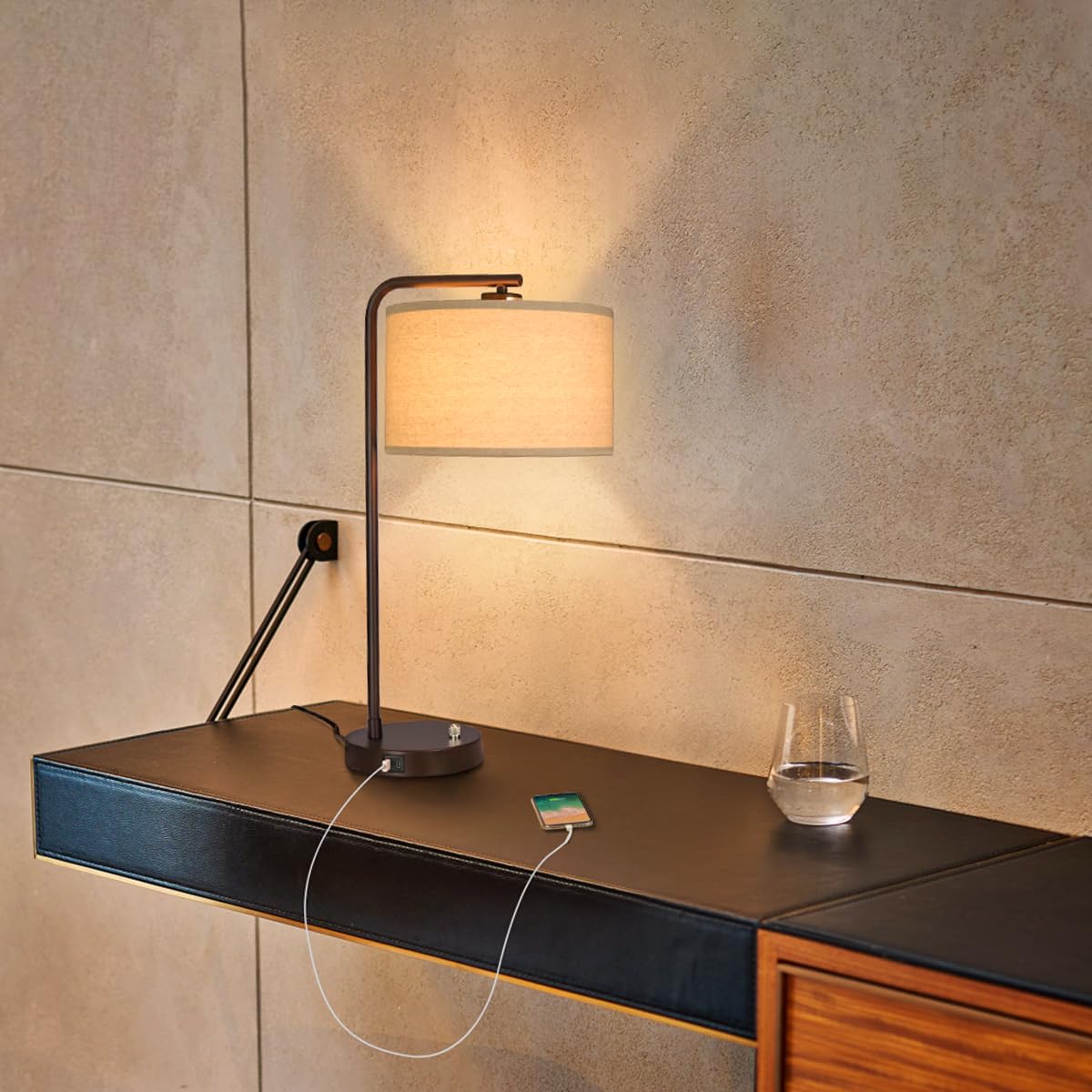 Table Lamps Set of 2, Fully Dimmable Bedside Lamp with USB C+A Charging Ports, Modern Nightstand Lamps with Linen Fabric Shades, Tall Desk Lamp for Bedroom, Living Room, Office, LED Bulb Included