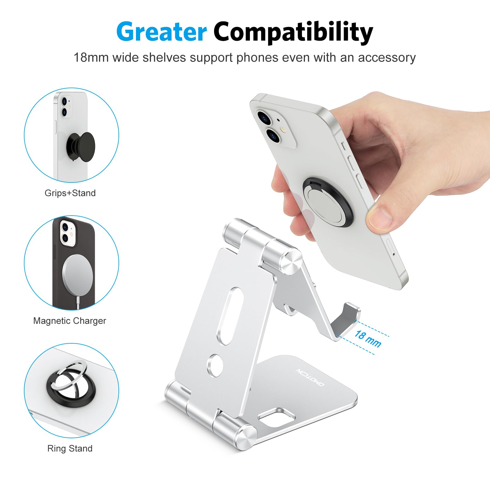 OMOTON Foldable Cell Phone Stand, C4 Portable Aluminum Phone Holder, Adjustable Phone Dock Cradle for iPhone 17/16/15 Pro Max Air, Small Tablets, All Smart Phones for Women Men Gift, Silver