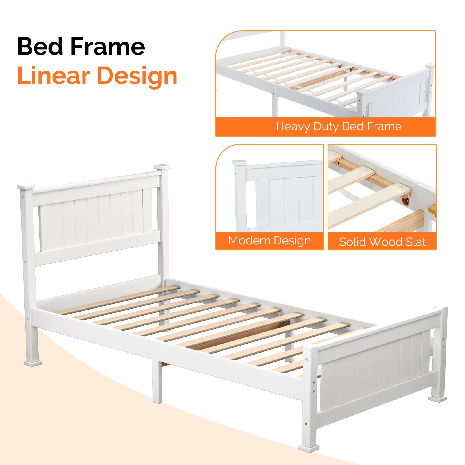 Bonnlo Twin Size Solid Wood Platform Bed Frame, Single Bed with Headboard, No Box Spring Needed Panel Bed, Wood Slat Support Mattress Foundation, White