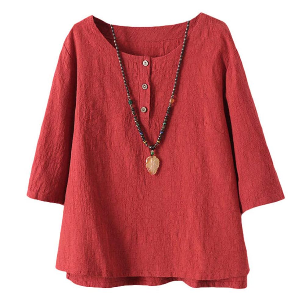 Minibee Women's 3/4 Sleeve Cotton Linen Jacquard Blouses Top T-Shirt