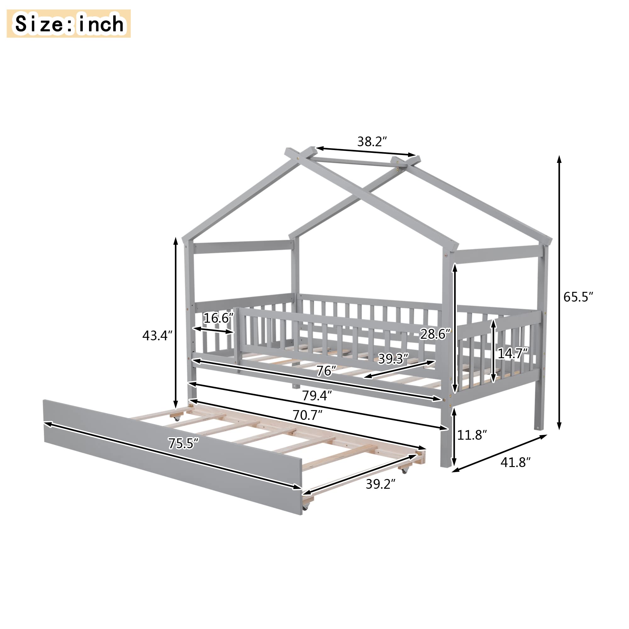 Merax Twin Size Wooden House Bed with Two Drawers, Wood Bed Frame with Roof for Kids, Teens, Boys or Girls, Grey