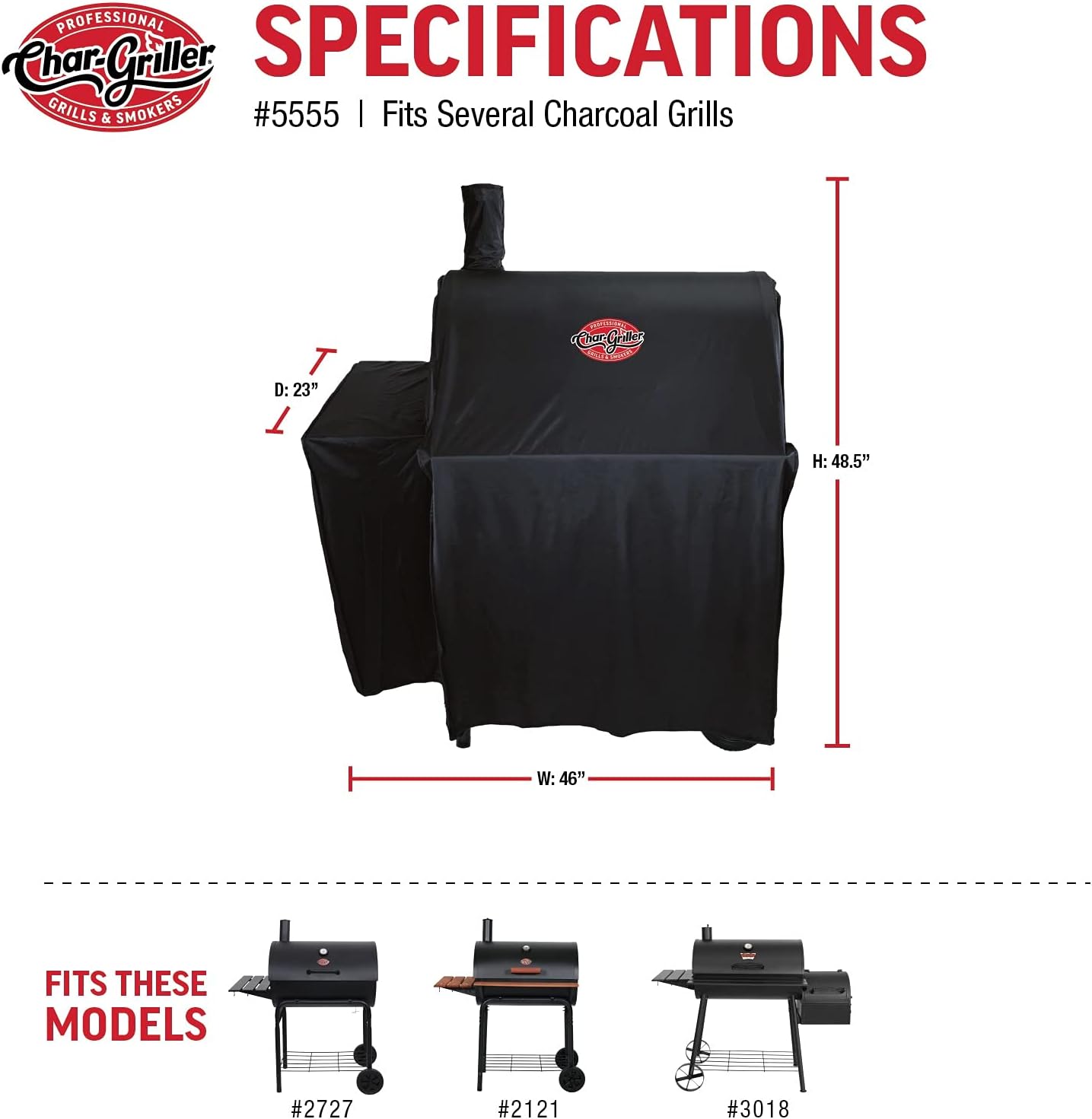 Char-Griller® Durable Polyester Grill and Smoker Cover with Waterproof Material, PVC Lining, and Extendable Design in Black, 46"L x 23"W x 48.5"H, Model 5555
