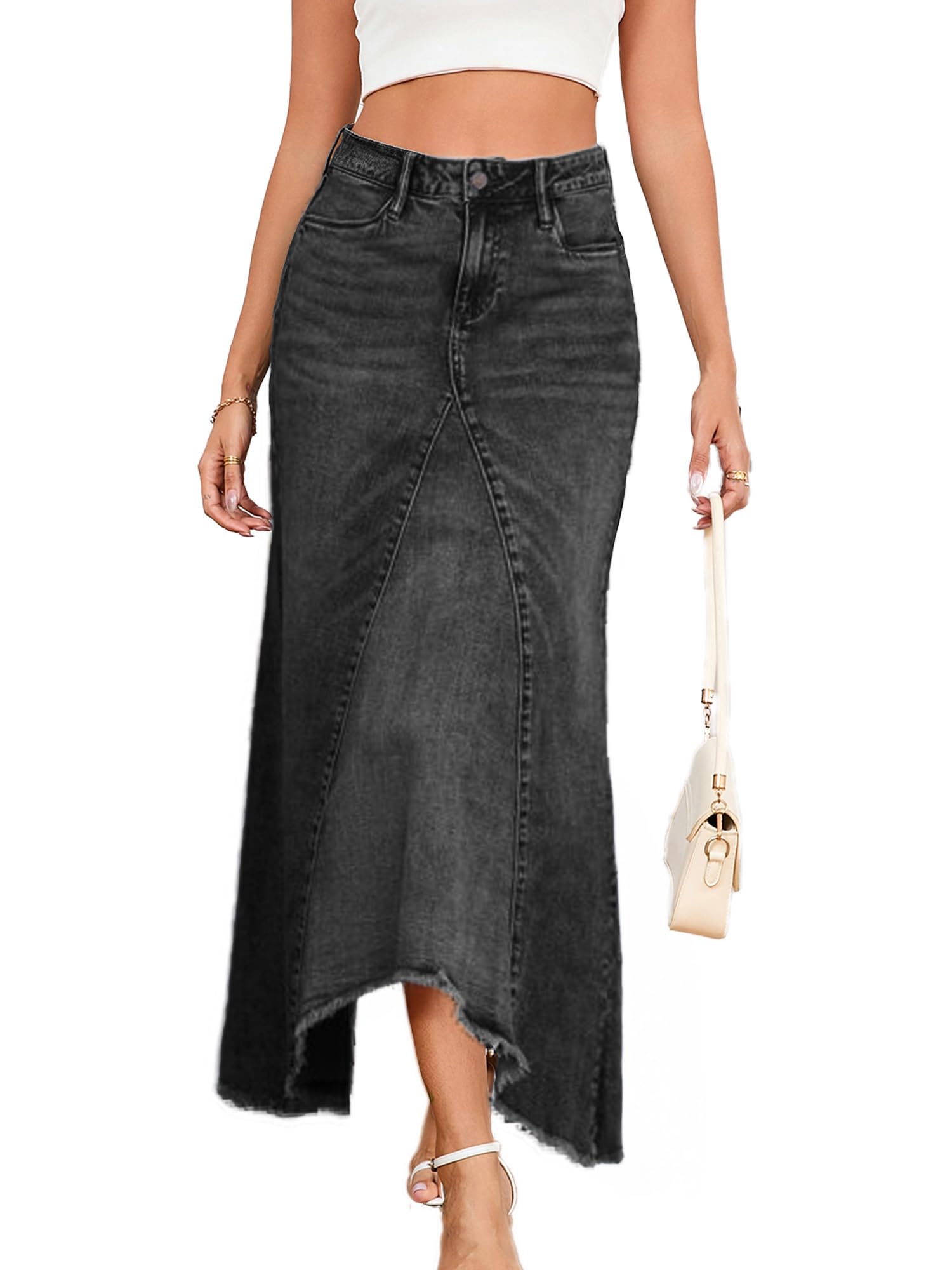 Jean Skirt for Women Denim Skirt High Waist Stretch Midi Denim Skirts with Pockets