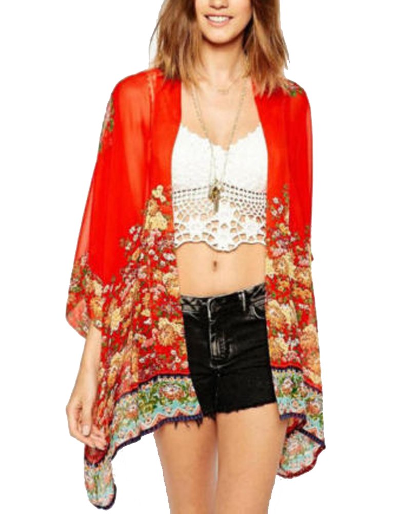 olrain Women's Floral Print Sheer Chiffon 3/4 Bat Sleeve Casual Loose Kimono Cardigan Capes