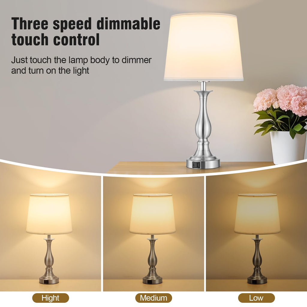 Bedside Table Lamp Touch Control Bedroom Lamps with USB A and C Charging Port 3 Way Dimmable Touch Lamps for Nightstand Living Room Bedroom Dorm Home Office Reading, Set of 2