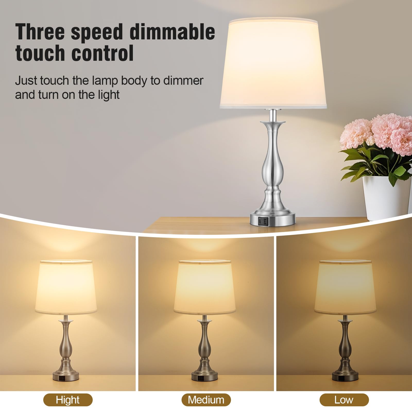 Bedside Table Lamp Touch Control Bedroom Lamps with USB A and C Charging Port 3 Way Dimmable Touch Lamps for Nightstand Living Room Bedroom Dorm Home Office Reading, Set of 2