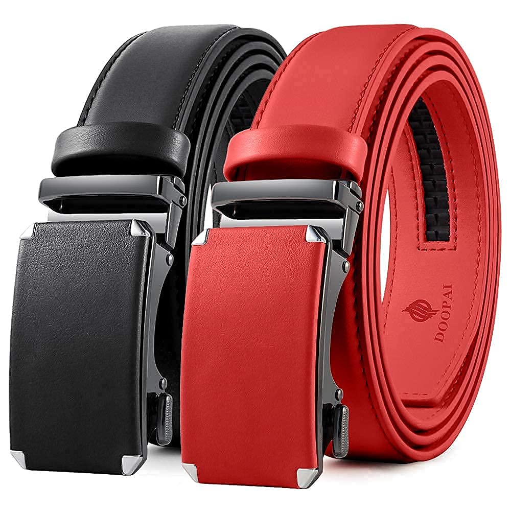 DOOPAI Men's 2 Pack Ratchet Dress Belt - Adjustable 1 3/8" Genuine Leather, Size Length Can Be Cut, With Gift Box