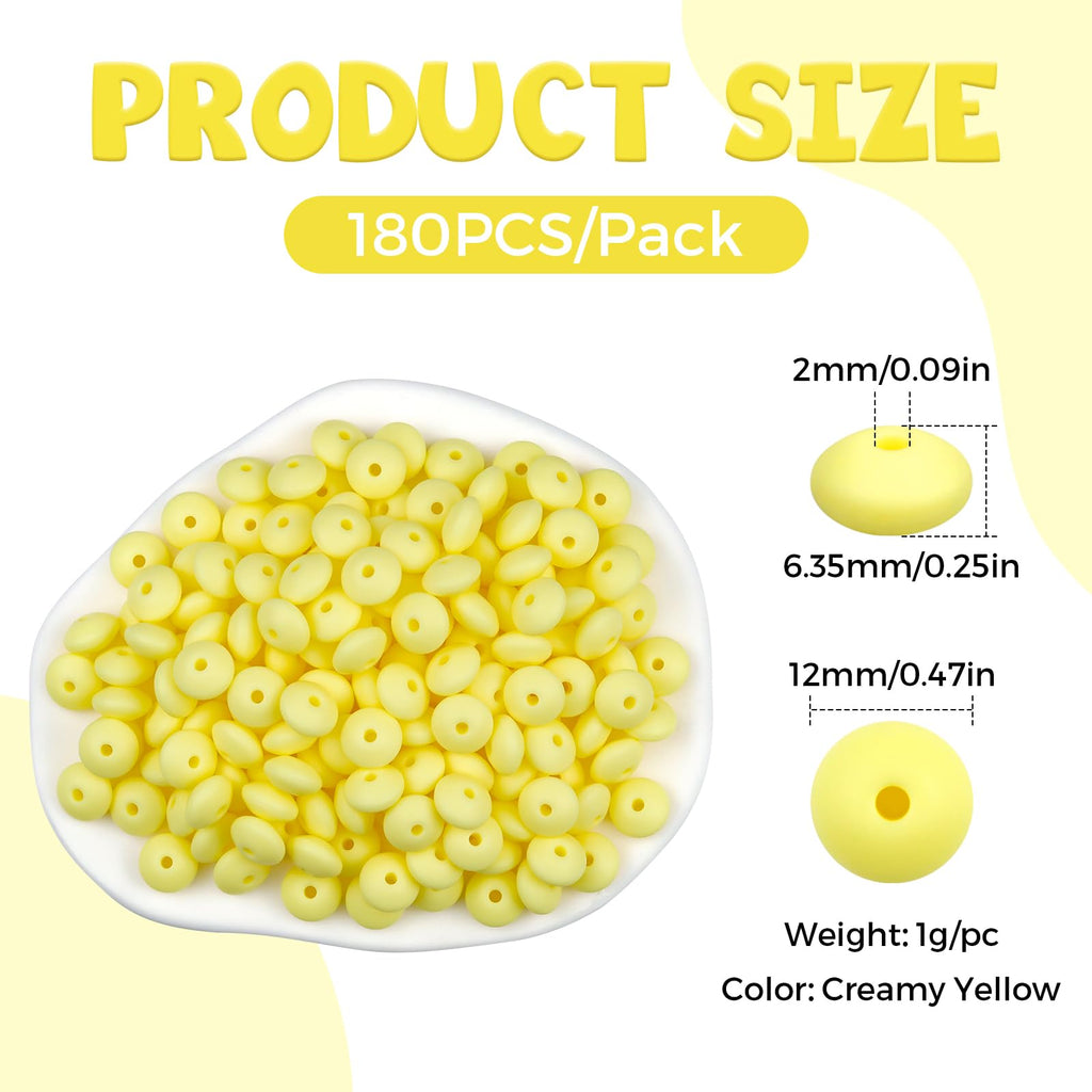 FIVEIZERO 180PCS Silicone Lentil Beads,12mm Spacer Beads | Flexible Silicone, 2mm Hole Design, Easy to Thread, Fade Resistant, Easy to Clean
