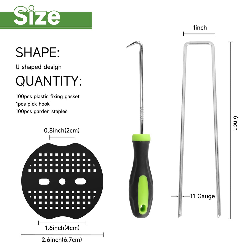 JELNER Garden Stakes,6 Inch 11 Gauge 20pcs Galvanized Landscape Staples + 20pcs Gaskets + 1Pick Hook, Tent Stakes Landscaping Fabric SOD Pins for Weed Fabric Barrier,Groud Cover,Fence