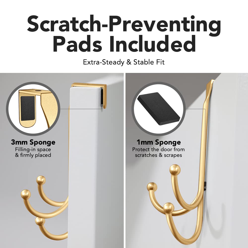 2-Pack Over The Door Hooks - with 2 Hang Heads & Snug Fit Pads Heavy Duty Hook for Hanging Coats, Towels, Caps & Robes - Elegant Matt Finish - No Drill Hanger Organizer - Black