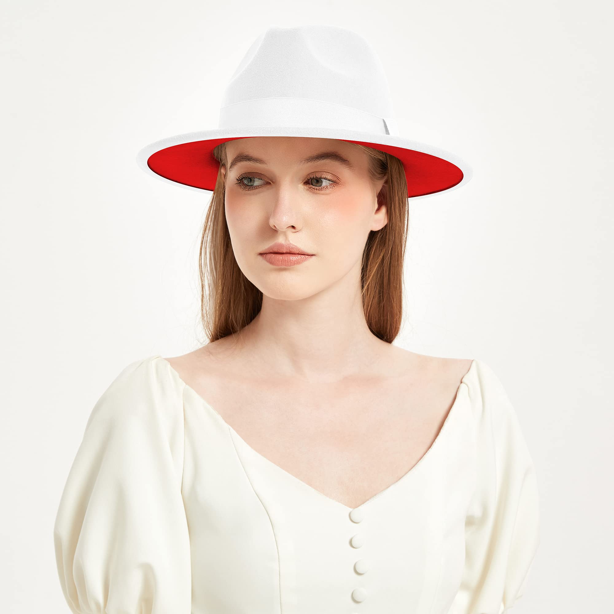 KUJUHA Fedora Hats for Mens/Womens Felt FedoraHats Two Tone Wide Brim Fedora Hats Rancher Hat